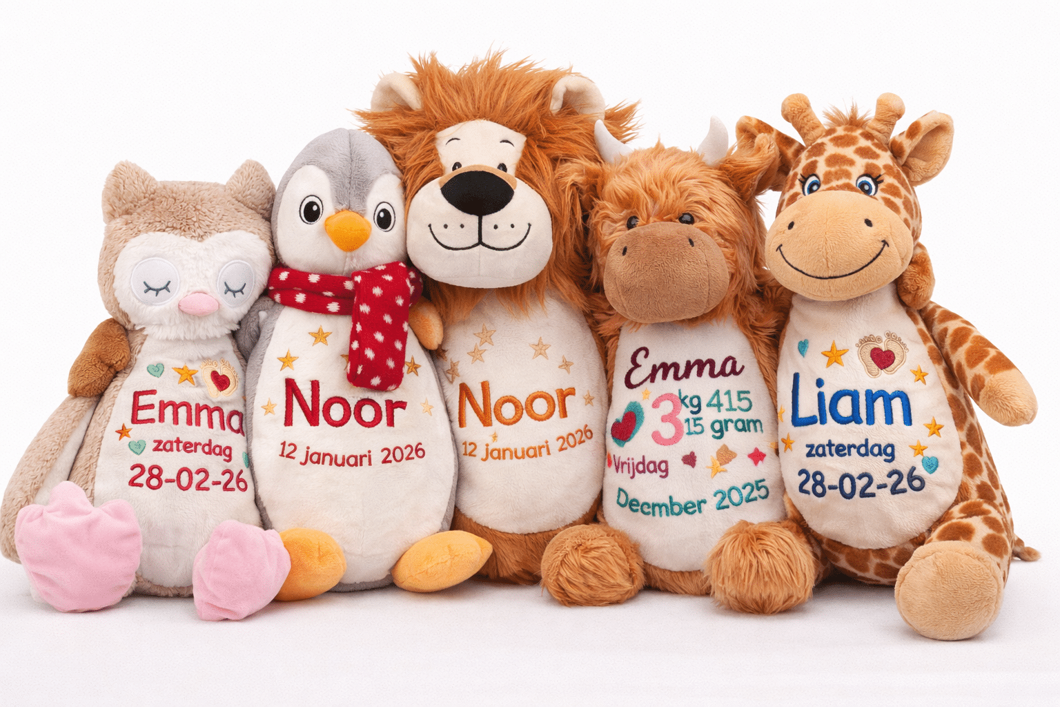 Knuffels met naam geborduurd als origineel kraamcadeau