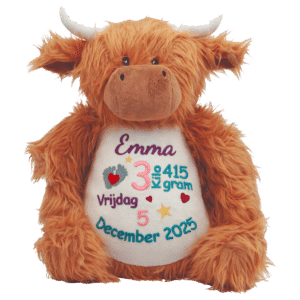 Knuffel met naam geborduurd met geboortegegevens