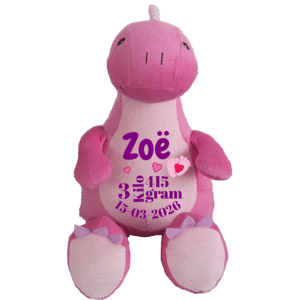 roze dinosaurusknuffel met naam geperzonaliseerd
